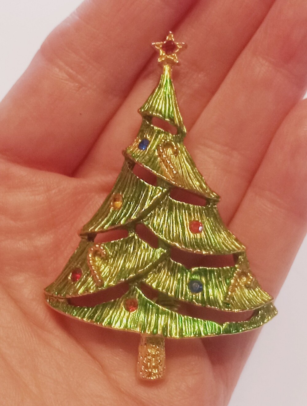 BJ Beatrix Christmas Tree Brooch Pin Vintage Open Tier Candy Cane Green Enamel